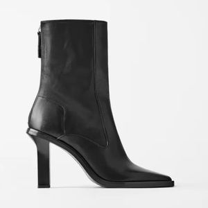 ZARA SQUARED TOE LEATHER HIGH HEEL ANKLE BOOTS WITH RECTANGULAR HEEL